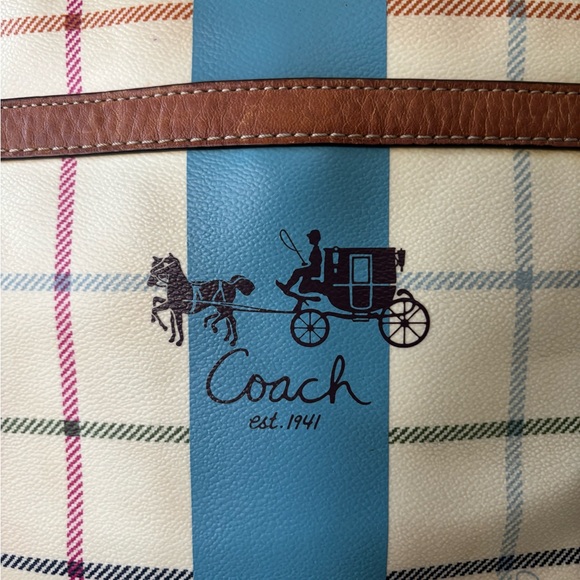 Coach Multicolor Plaid Tote with Blue Stripe - Picture 2 of 14